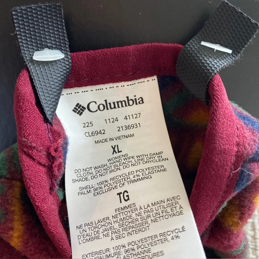 Columbia Burgundy Fleece Gloves with Multicolor Geometric Print XL